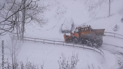 Snow removal by snow plow machine, Machinery snow removal, Pyrenees, France, High quality 4k footage