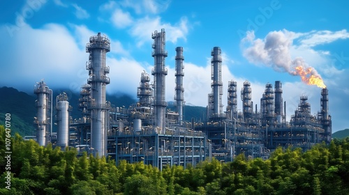 Petrochemical plant with flare stack emitting flame. Large petrochemical plant with a flare stack emitting flames, set against a mountain background, symbolizing industrial energy production.