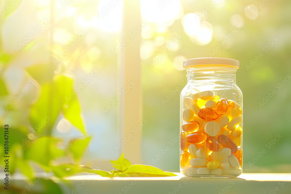 A bottle of pills containing colorful tablets inside, with copy space. Bright, clinical light. A bottle of pills containing colorful tablets inside, with copy space. Bright, clinical light.