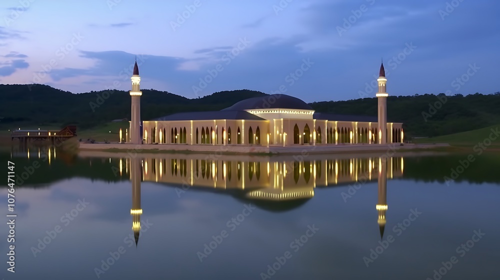 Obraz premium Illuminated Mosque with Reflection in Calm Water at Dusk