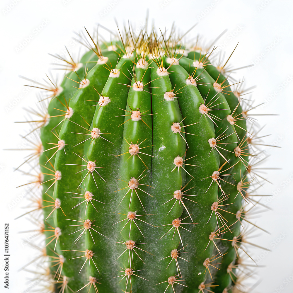 A vibrant green cactus with small spines, cropped close and isolated on a white background A vibrant green cactus with small spines, cropped close and isolated on a white background