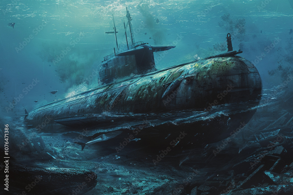 Beautiful large submarine floating in middle of ocean during mission Beautiful large submarine floating in middle of ocean during mission