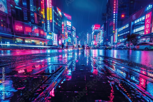 Neon Cityscape Reflected in Wet Pavement