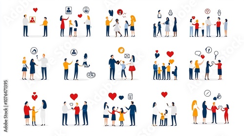 Set of friendly and approachable icons showcasing various social interactions relationships and community connections in a modern and inclusive style