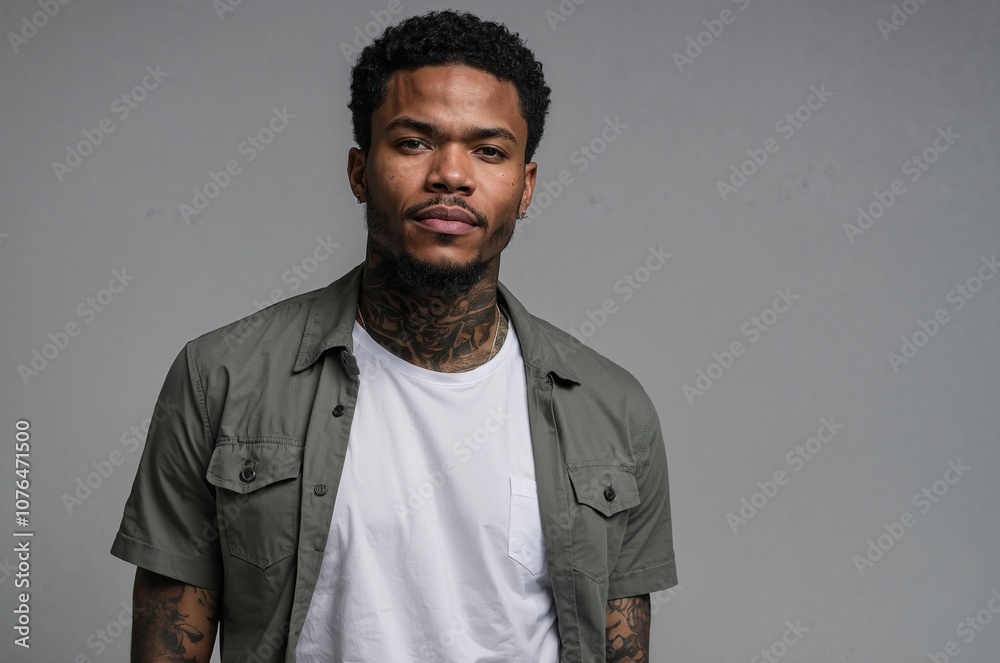 Afro american man posing for a photo in a studio, handsome young man with tattoos Afro american man posing for a photo in a studio, handsome young man with tattoos
