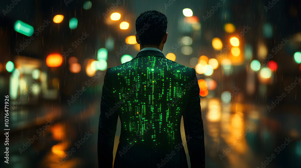 A man in an elegant black suit, adorned with intricate green circuitry patterns, blending traditional formal wear with futuristic technology, creating a stylish and innovative fusion of classic sophis A man in an elegant black suit, adorned with intricate green circuitry patterns, blending traditional formal wear with futuristic technology, creating a stylish and innovative fusion of classic sophis