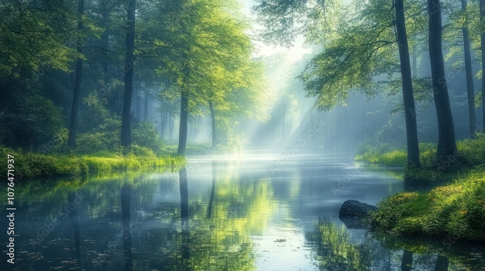 Misty Morning Sunlight Illuminating a Tranquil River Flowing Through a Lush Forest Misty Morning Sunlight Illuminating a Tranquil River Flowing Through a Lush Forest