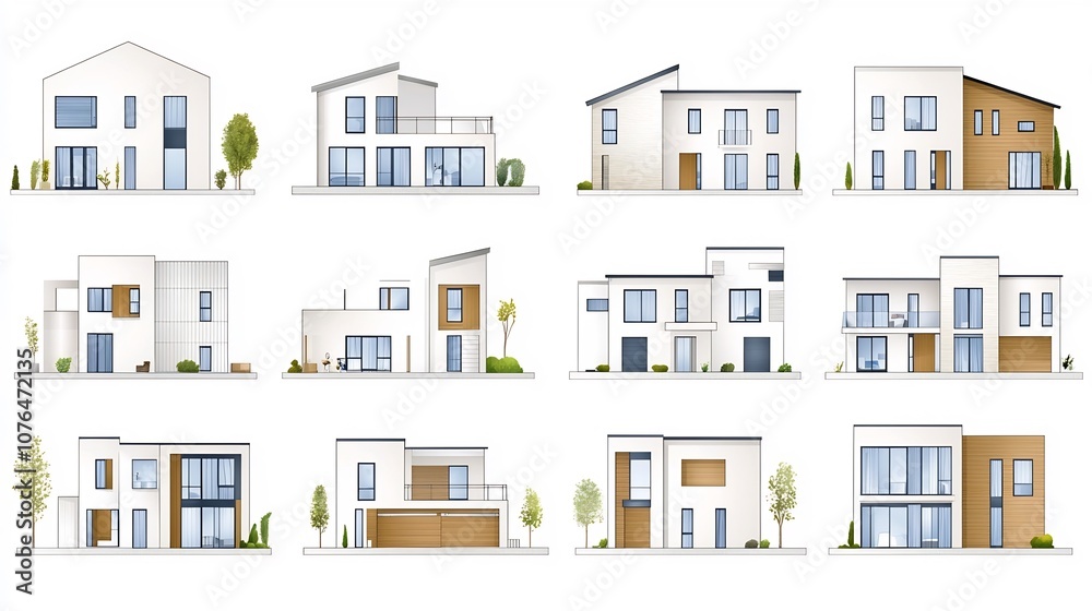 A set of clean and modern icons representing different styles of residential properties including duplexes townhouses villas and other types of homes and real estate A set of clean and modern icons representing different styles of residential properties including duplexes townhouses villas and other types of homes and real estate