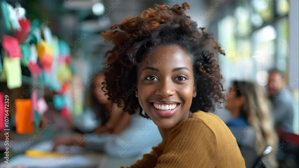 A smiling woman with curly hair sits at a table, surrounded by colorful sticky notes, in a creative workspace. A smiling woman with curly hair sits at a table, surrounded by colorful sticky notes, in a creative workspace.