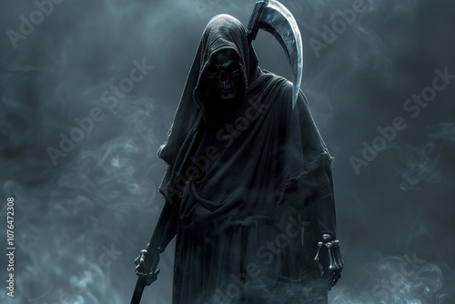 Scary grim reaper with sharp scythe in hell with dramatic background