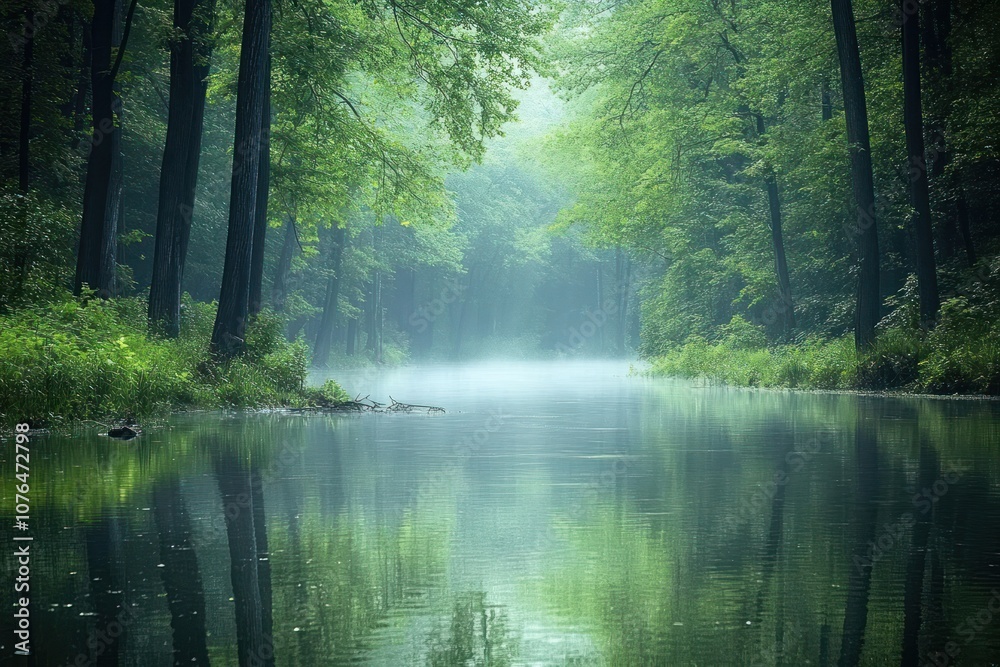 Obraz premium Misty River Through a Dense Forest Canopy