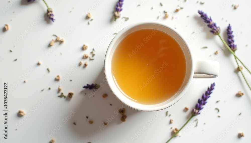 Cup of herbal tea surrounded by lavender and dried flowers on a white background Cup of herbal tea surrounded by lavender and dried flowers on a white background