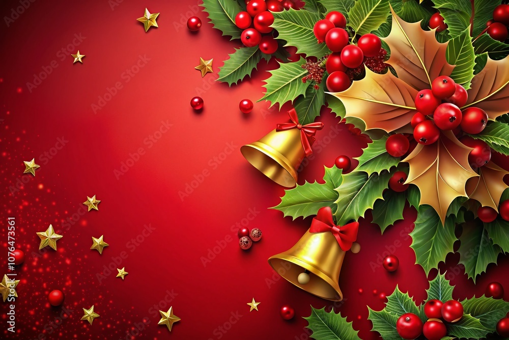 Festive Christmas Wallpaper Design with Holly Leaves, Red Berries, and Golden Bells on Vibrant Red Background for Holiday Greetings and Custom Text Space Festive Christmas Wallpaper Design with Holly Leaves, Red Berries, and Golden Bells on Vibrant Red Background for Holiday Greetings and Custom Text Space