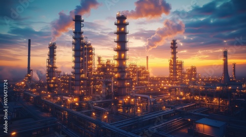 Oil Refinery at Sunset with Smokestacks and Pipelines. Extensive oil refinery complex with smokestacks and pipelines is illuminated by a colorful sunset, showcasing energy production infrastructure.