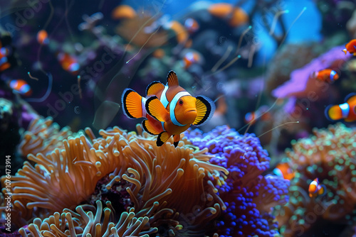 Fantastically beautiful bright clownfish swims in sea among vivid corals