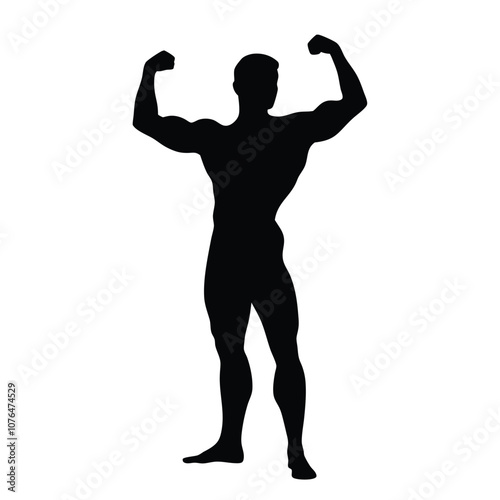 A man with a muscular build is standing in a black and white photo. He is flexing his biceps and is wearing a black shirt