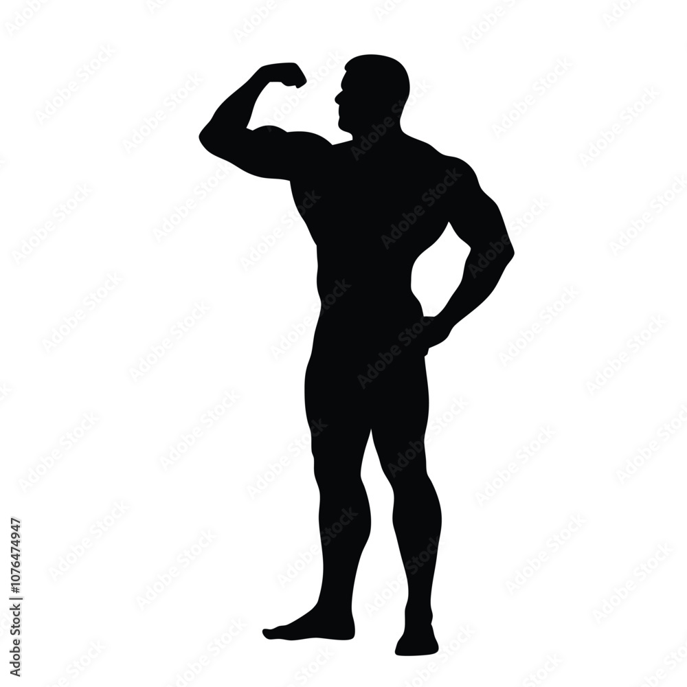 A man with a muscular build is standing in a black and white photo. He is flexing his biceps and is wearing a black shirt