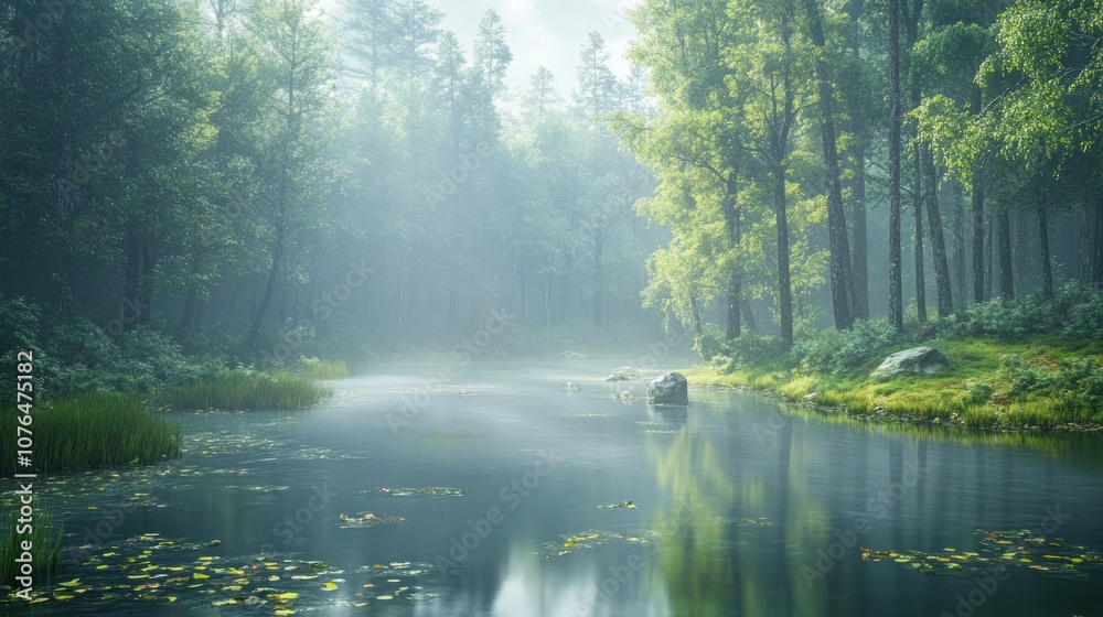 Fototapeta premium Serene Forest River with Mist and Sunlight Filtering Through Trees