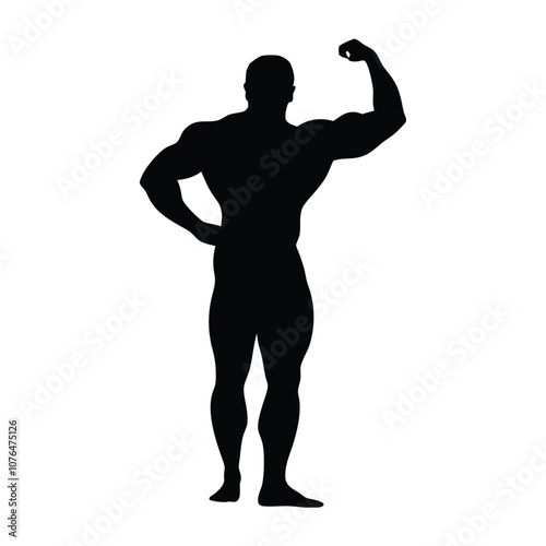 A man with a muscular build is standing in a black and white photo. He is flexing his biceps and is wearing a black shirt