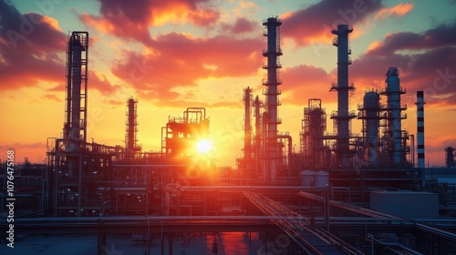 Oil Refinery Silhouetted Against Vibrant Sunset Sky. Oil refinery complex with towering structures is silhouetted against a vibrant sunset, symbolizing the energy industry's vast infrastructure.