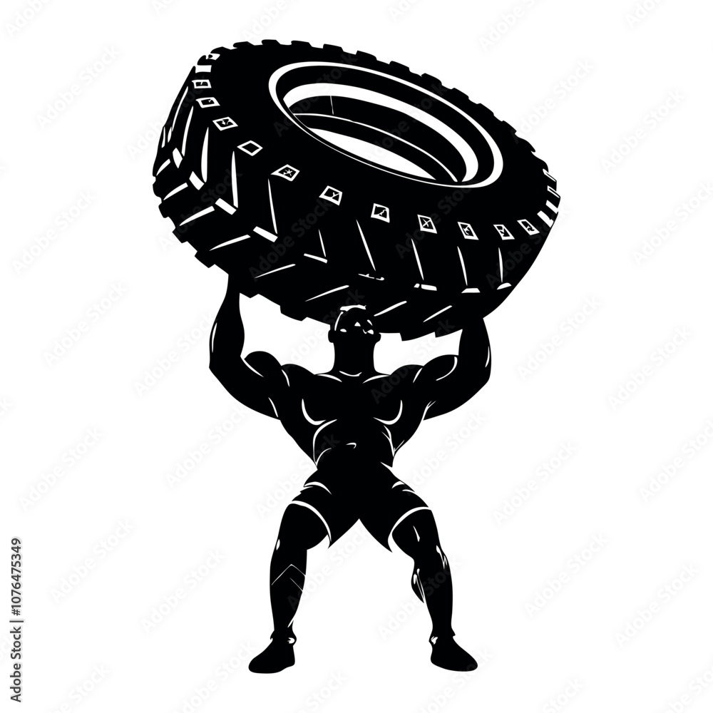 A man is lifting a tire. The tire is black and white. The man is wearing shorts
