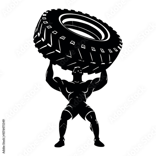 Obraz na płótnie A man is lifting a tire. The tire is black and white. The man is wearing shorts w salonie