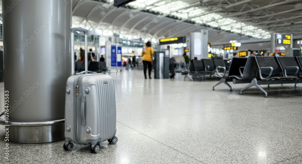 Grey suitcase in modern airport terminal with travelers and departure signs Grey suitcase in modern airport terminal with travelers and departure signs