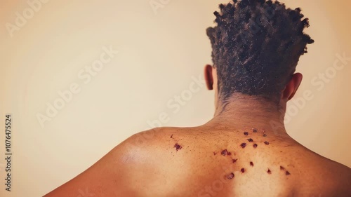 Afroamerican man with Coxsackie viruses from behind, showcasing texture and natural hairstyle against a plain background photo