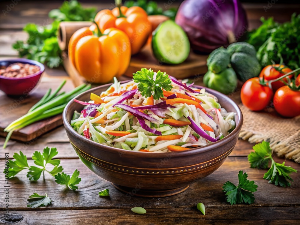 Fresh Cole Slaw Cabbage with Vibrant Veggies in a Bowl, Perfectly Arranged Using the Rule of Thirds for a Delicious and Healthy Side Dish Presentation Fresh Cole Slaw Cabbage with Vibrant Veggies in a Bowl, Perfectly Arranged Using the Rule of Thirds for a Delicious and Healthy Side Dish Presentation