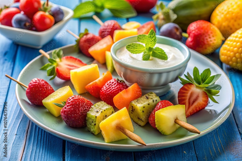 Fresh Fruit Skewers on a Blue Plate Accompanied by Creamy Yogurt Dip, Perfect for Summer Gatherings and Healthy Snacks