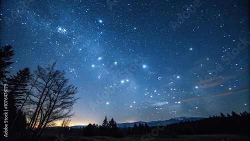 A cluster of bright stars against a dark blue night sky, exploding lights, dark background, night sky