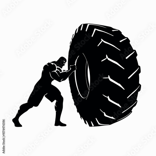 A man is lifting a tire. The tire is black and white. The man is wearing shorts