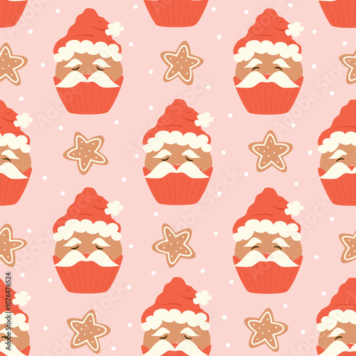 cute hand drawn cartoon santa claus cupcakes, star gingerbread cookies and snowflakes seamless vector pattern on pink background