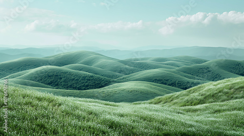 Beautiful Green Hills and Misty Mountains Under Soft Sunlight