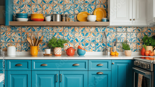 Colorful kitchen with painted cabinets open shelving displaying bright dishware, and a patterned backsplash