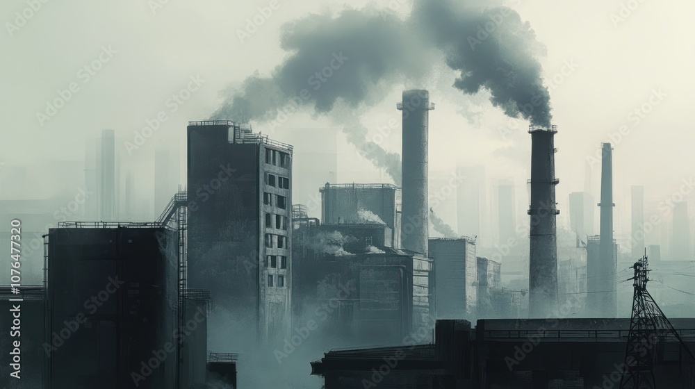 Industrial landscape shrouded in smoke and fog, highlighting pollution and urban decay. Industrial landscape shrouded in smoke and fog, highlighting pollution and urban decay.