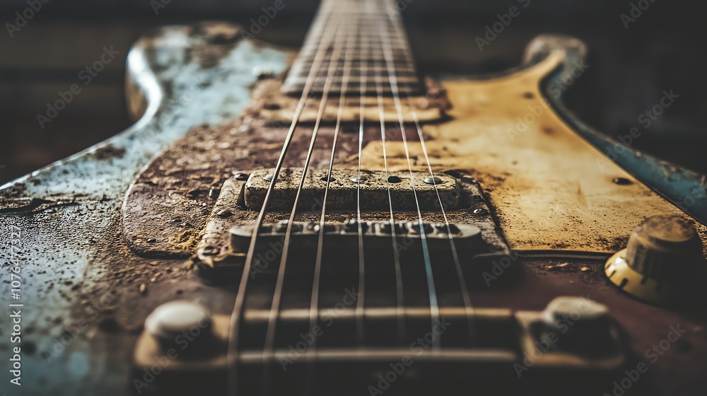 A close-up view of an old guitar. A close-up view of an old guitar.