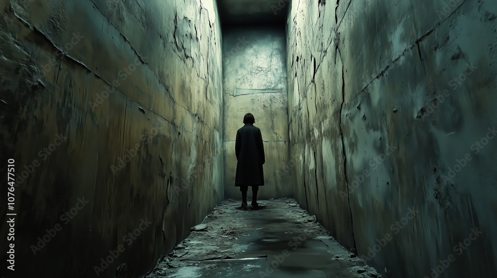 In a narrow corridor with damp, cracked walls, a solitary figure stands motionless, seemingly overwhelmed by stress and isolation in a dimly lit space In a narrow corridor with damp, cracked walls, a solitary figure stands motionless, seemingly overwhelmed by stress and isolation in a dimly lit space