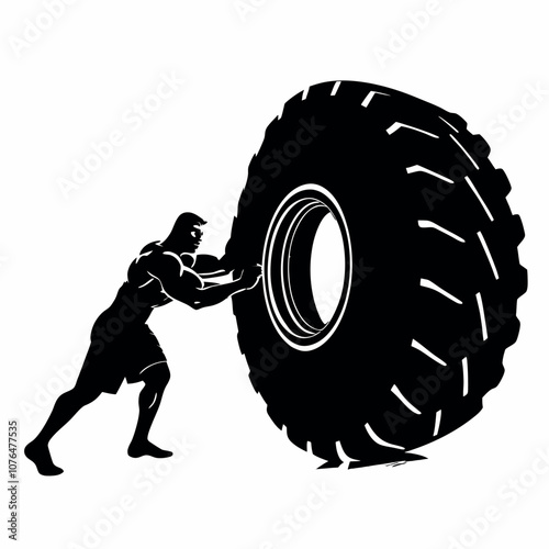 A man is lifting a tire. The tire is black and white. The man is wearing shorts
