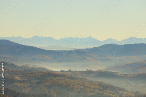 Fototapeta Naklejka Na Ścianę i Meble -  View of the Tatras from the Ochodzita mountain in Koniaków. Poland