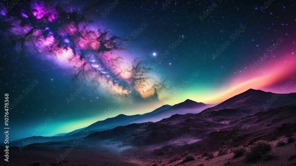 Naklejka premium A breathtaking view of a colorful cosmic landscape, featuring mountains, stars, and a distant planet in the backdrop. Perfect for sci-fi and space-themed projects