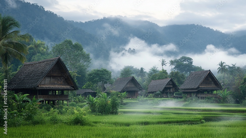 Misty Morning in a Lush Village