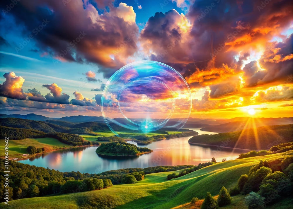 Futuristic Landscape Featuring a Digital Cloud Hologram and Advanced Web Information Security Technology Against a Vibrant Sunset Backdrop Futuristic Landscape Featuring a Digital Cloud Hologram and Advanced Web Information Security Technology Against a Vibrant Sunset Backdrop