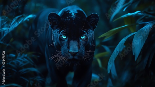 A black panther with piercing green eyes stares directly at the camera from amidst lush green foliage. photo