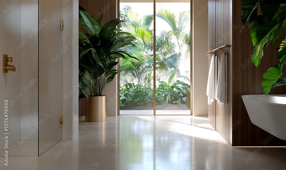 Fototapeta premium Modern bathroom with large window overlooking a lush tropical garden.