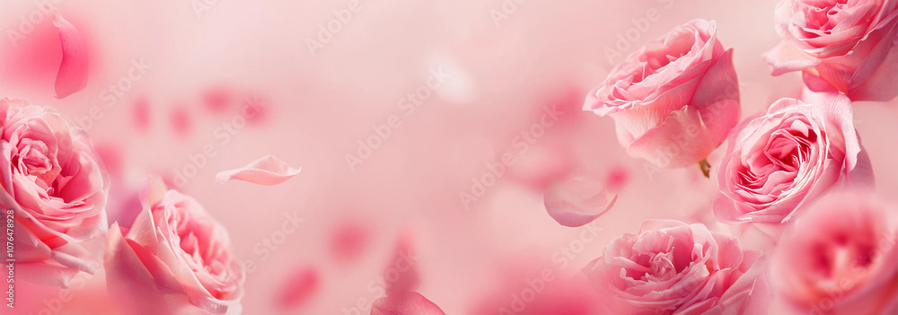 Banner. Pink flower Rose blurred petals on the air. Lovely banner floral pastel peach coral color banner background of roses. Rose of pink pallet pastel petals falling on blurry background. Banner. Pink flower Rose blurred petals on the air. Lovely banner floral pastel peach coral color banner background of roses. Rose of pink pallet pastel petals falling on blurry background.