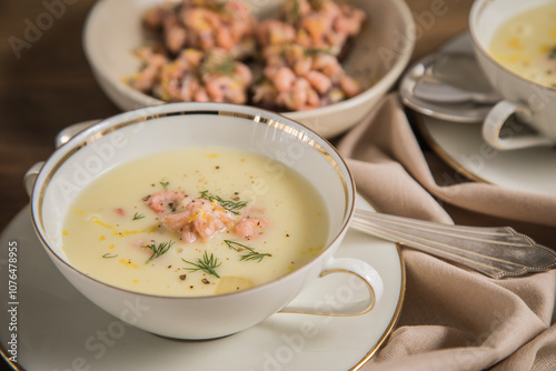 Ostfriesische Greetsieler Krabbensuppe mit Canapés, Nordseekrabben, Dill, Kartoffel, Lauch und Zitrone in Suppentasse mit Silberlöffel auf Holztisch und Tischdecke festlich