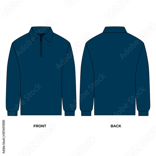 polo shirt design template in blue color. Vector Sketch of simple, blue long sleeved polo shirt with zipper closure, front and back view. Drawing of long sleeve polo shirt, blue color isolate on white