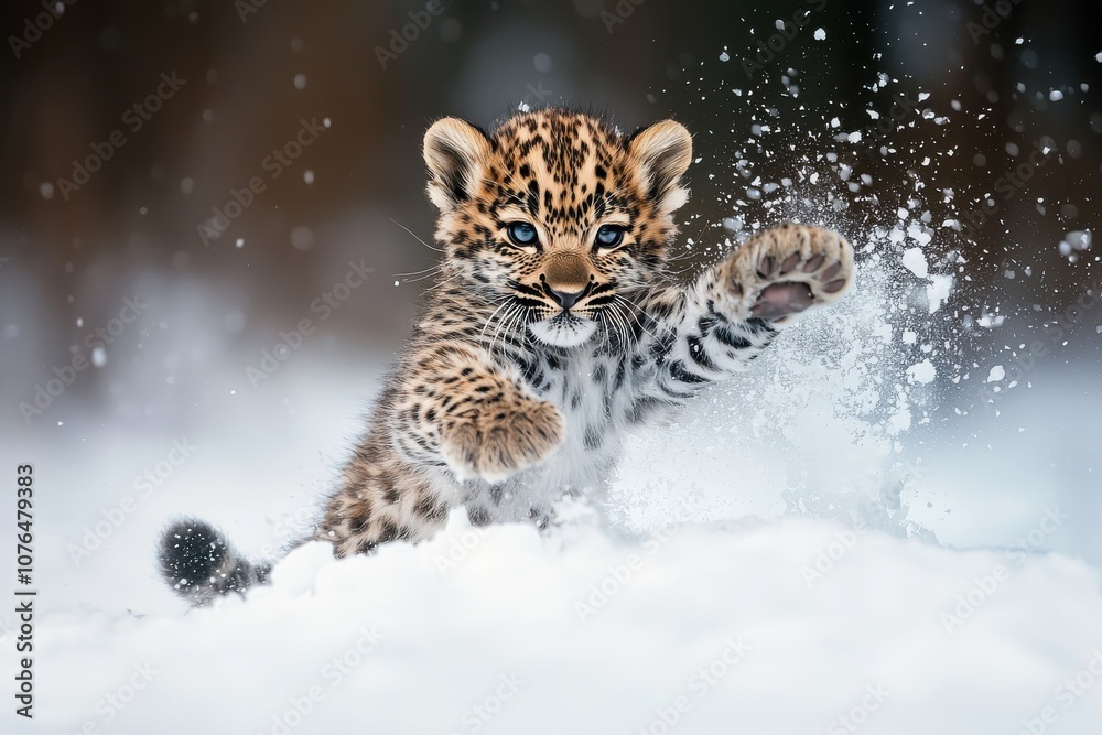 Obraz premium Adorable leopard cub playing in the snow, wildlife winter scene with playful baby animal and sparkling snowflakes, heartwarming nature photography, Ai Generation