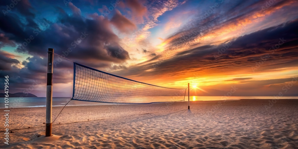 As the sun sets, a peaceful sandy beach showcases a low light beach volleyball net, enveloped in a tranquil atmosphere with gentle waves lapping nearby.
